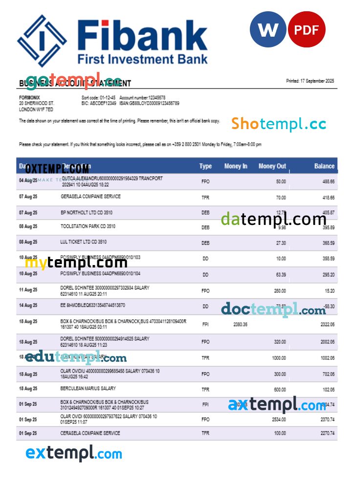Fibank bank business bank statement Word and PDF format