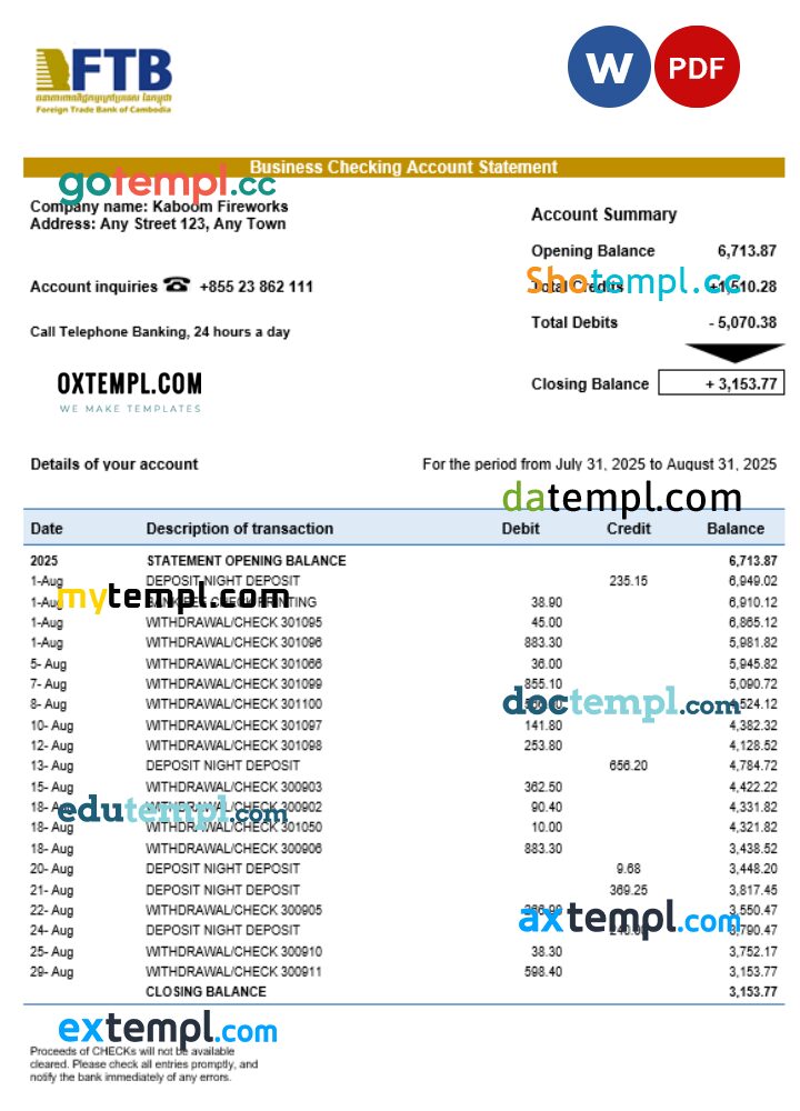 Foreign Trade Bank of Cambodian business bank statement Word and PDF format
