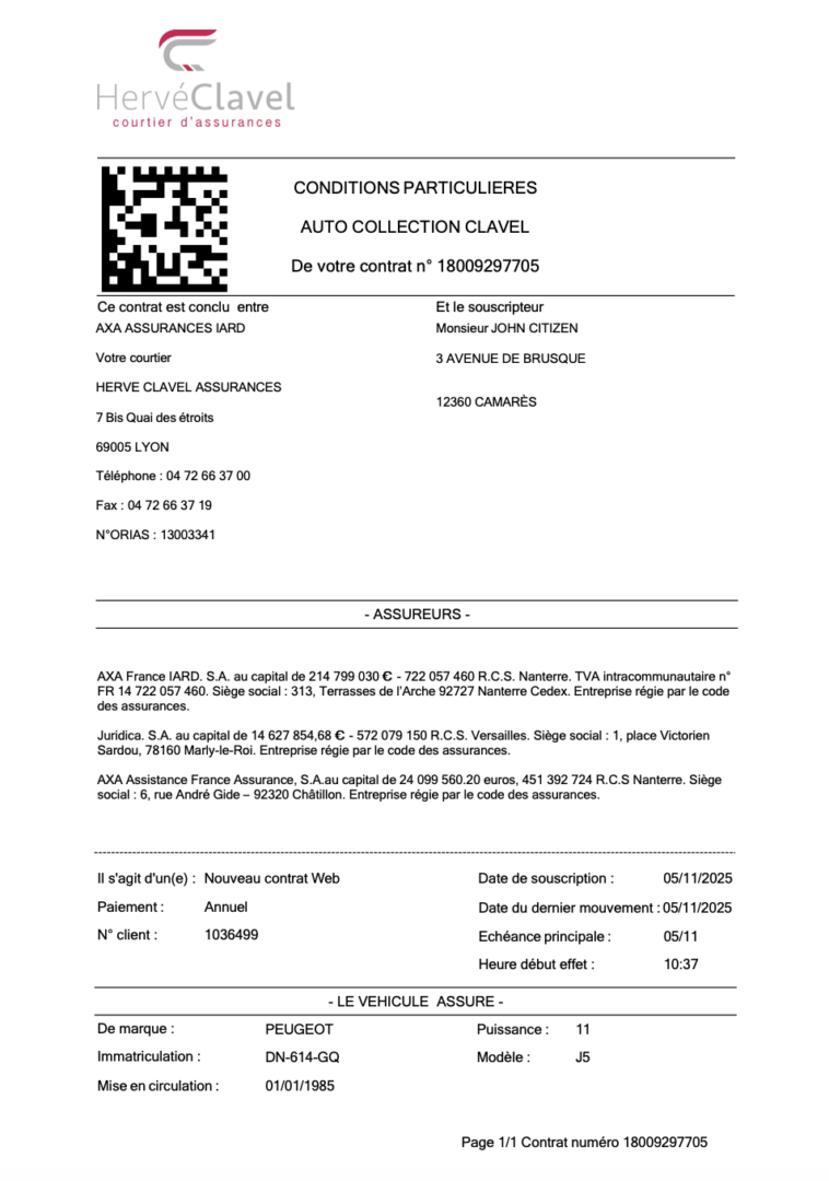 France Hervé Clavel Assurances certificate of insurance Word and PDF template