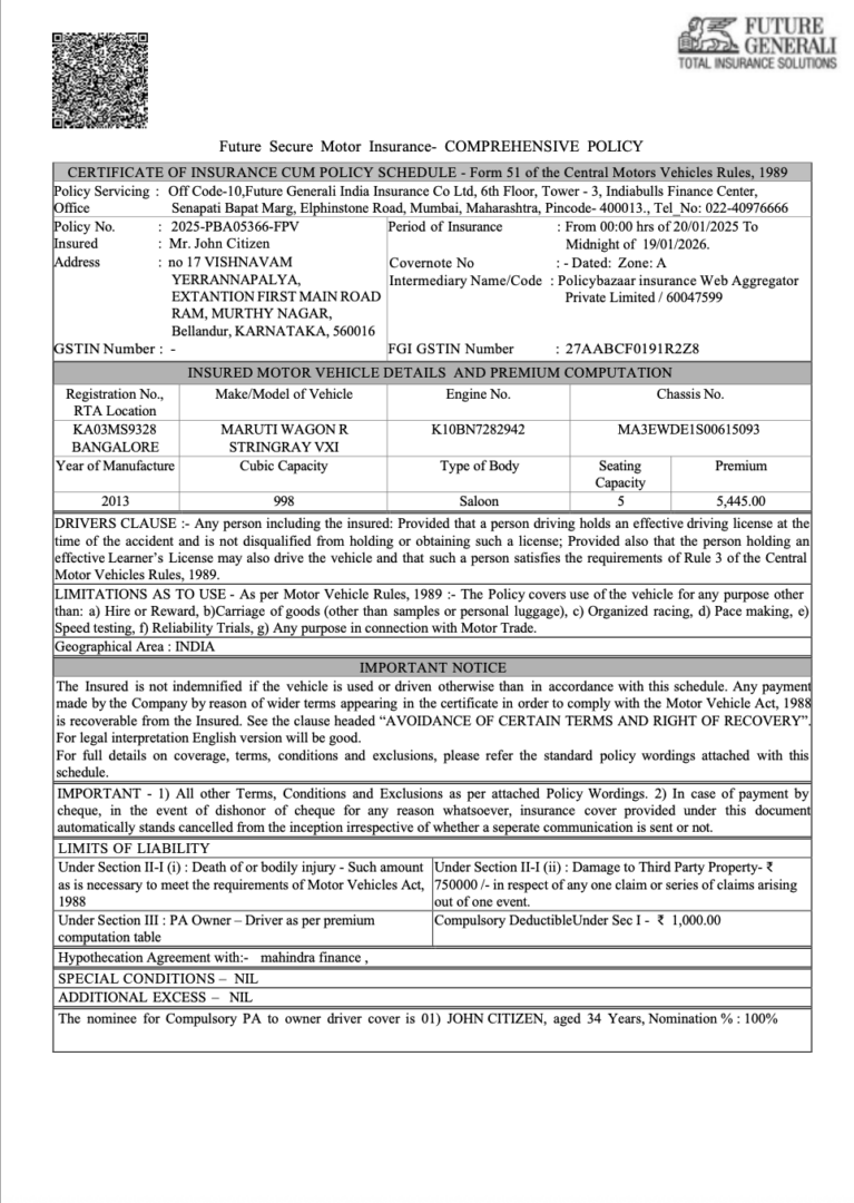 Future Generali India Future Secure motor insurance Word and PDF template