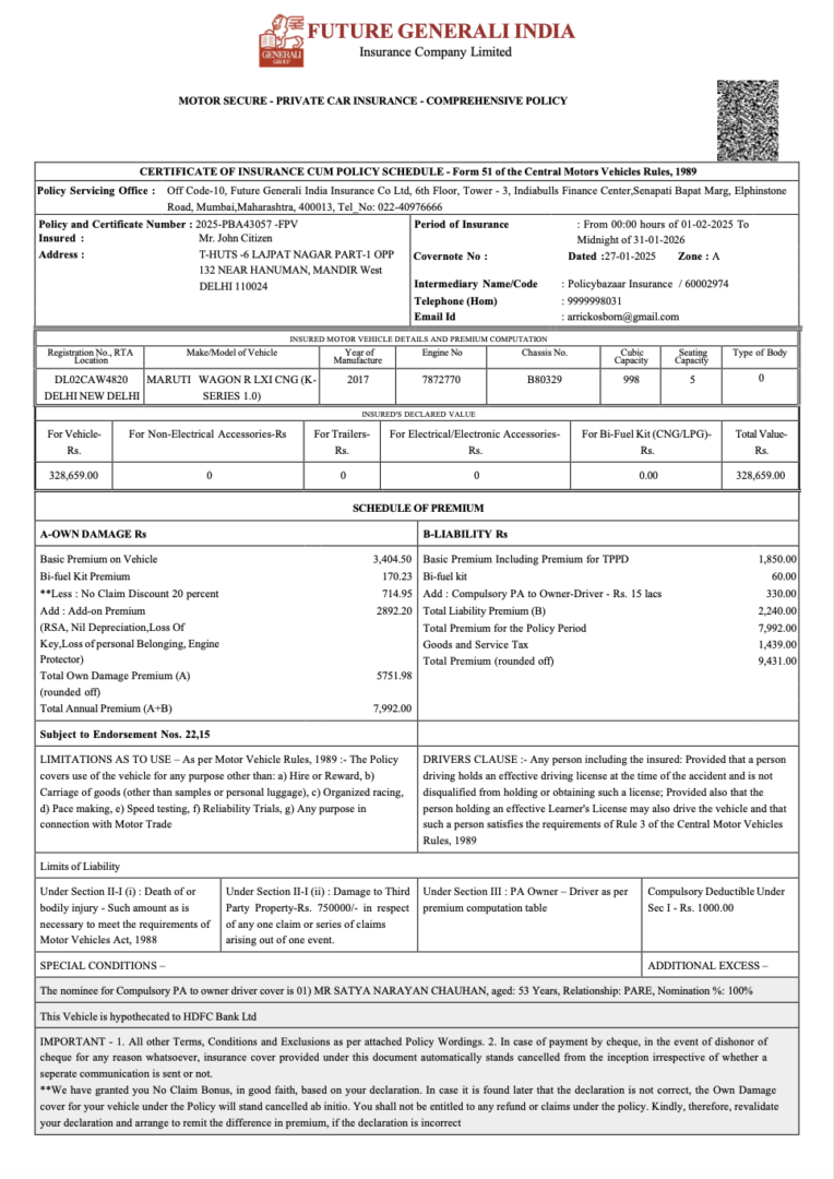 Future Generali India insurance certificate of insurance cum policy schedule Word and PDF template, version 2
