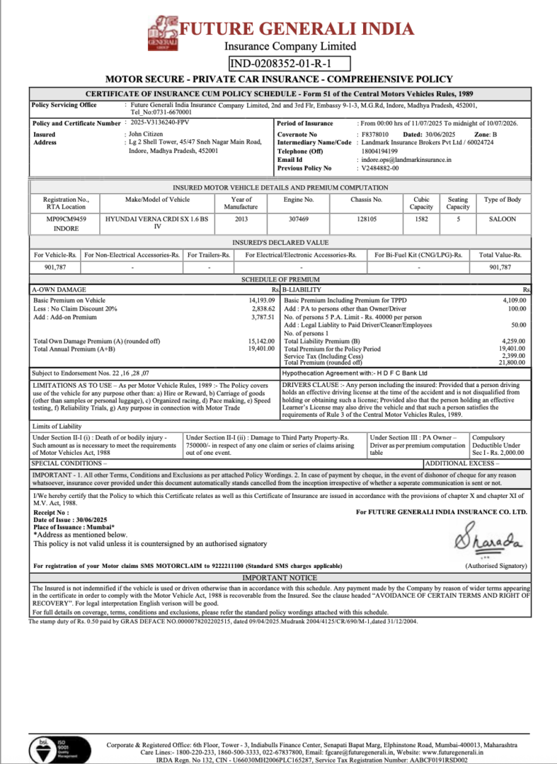 Future Generali India insurance certificate of insurance cum policy schedule Word and PDF template