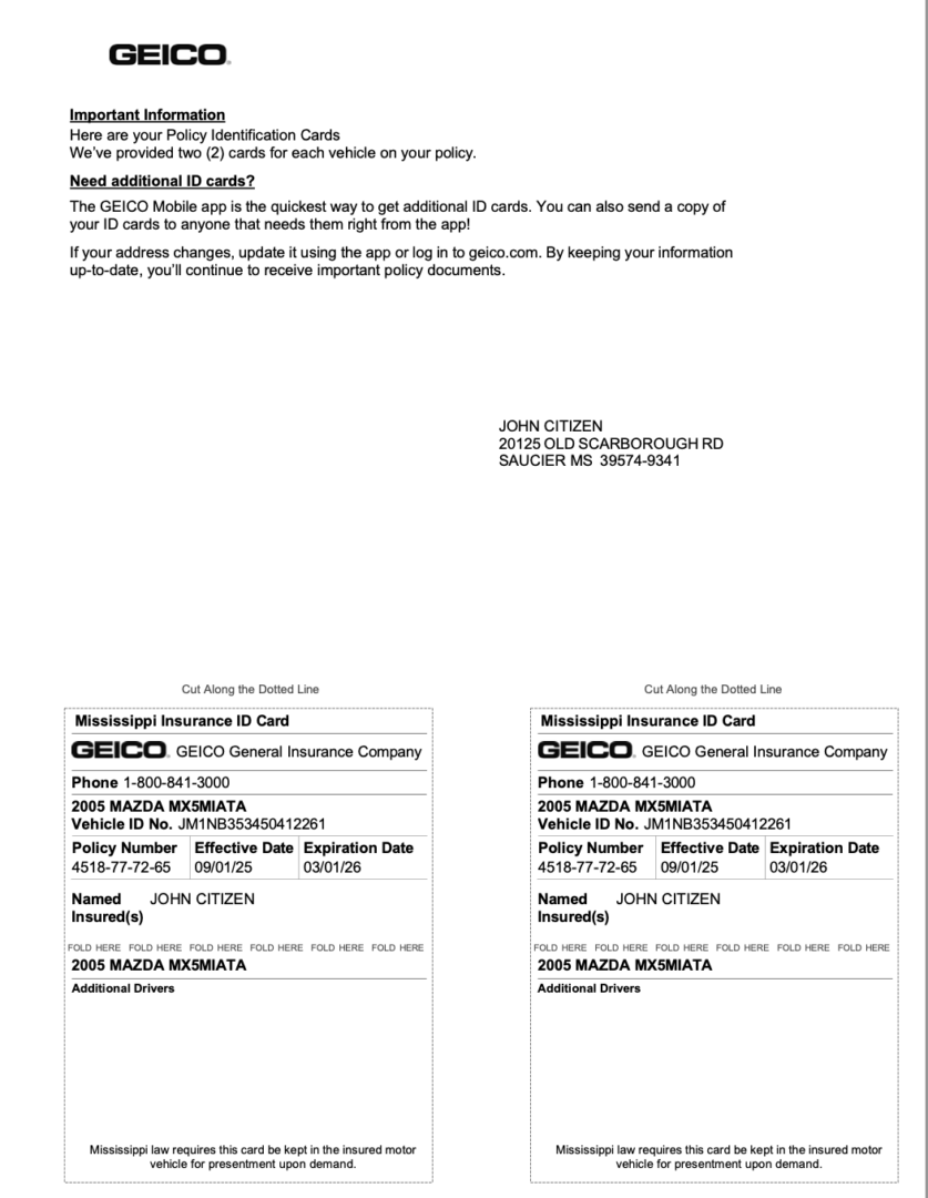 GEICO Mississippi Insurance ID card Word and PDF template