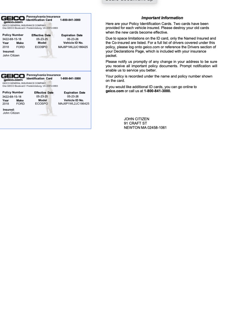 GEICO Pennsylvania Insurance identification card Word and PDF template