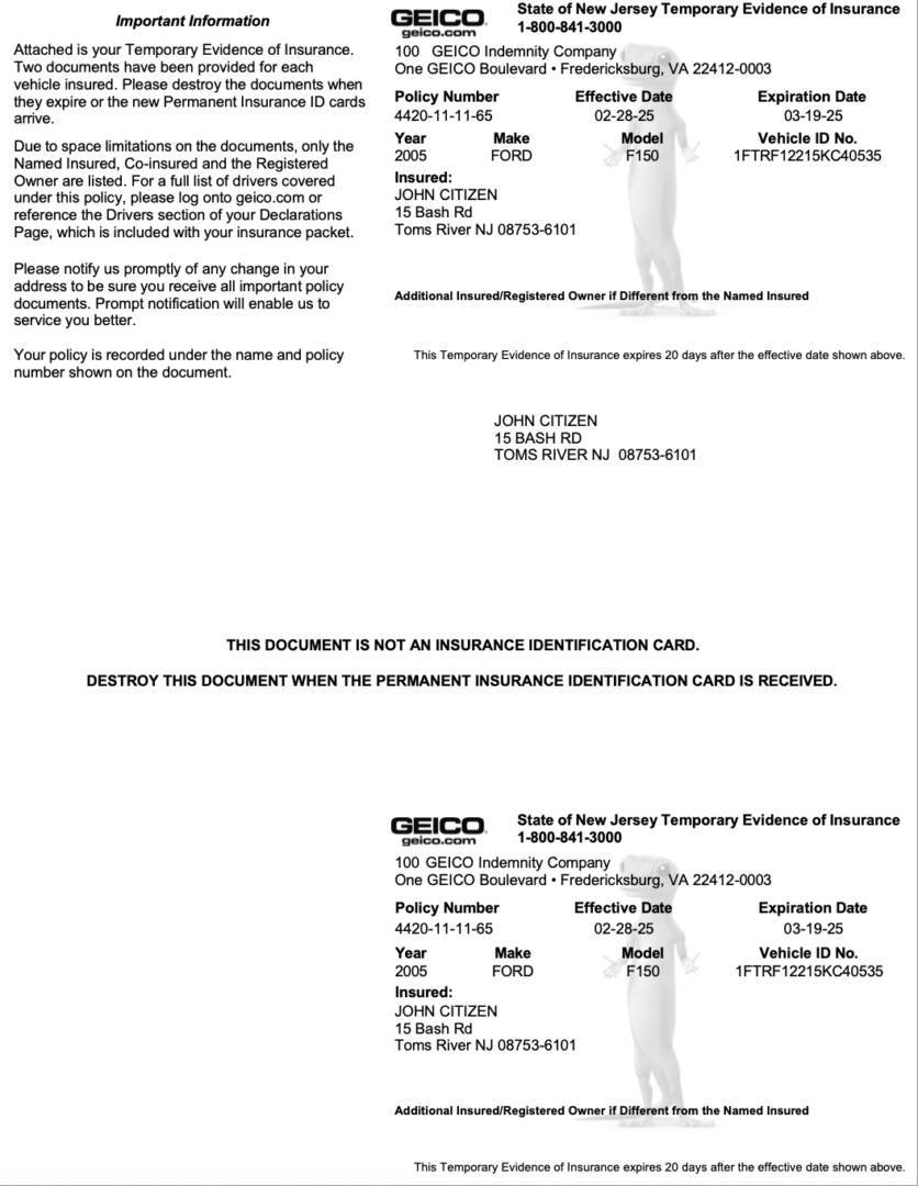 GEICO State of New Jersey temporary evidence of insurance Word and PDF template