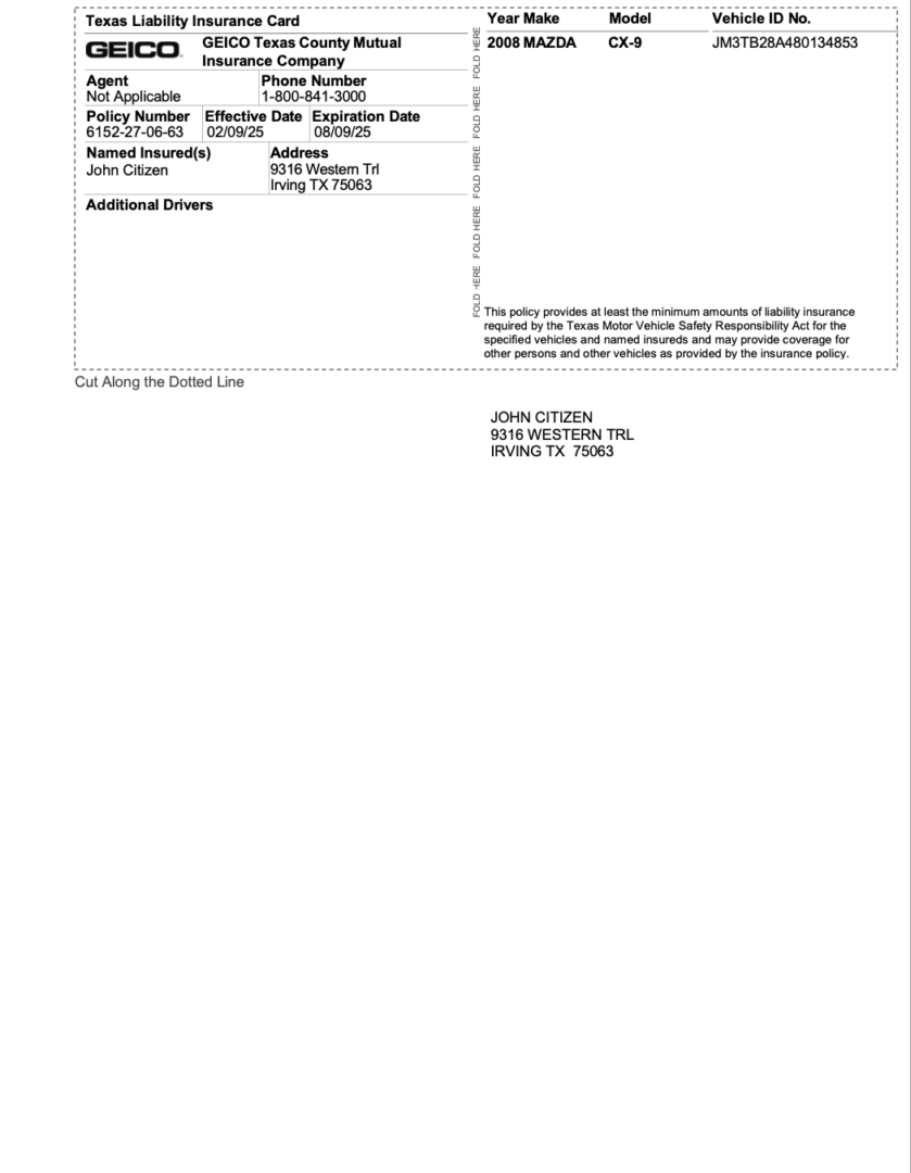 GEICO Texas County Mutual Insurance Company liability insurance card Word and PDF template, version 2