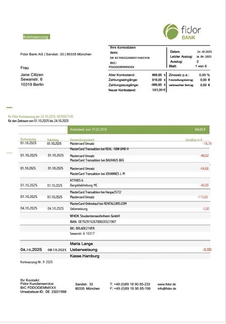 Germany Fidor Bank statement Word and PDF template