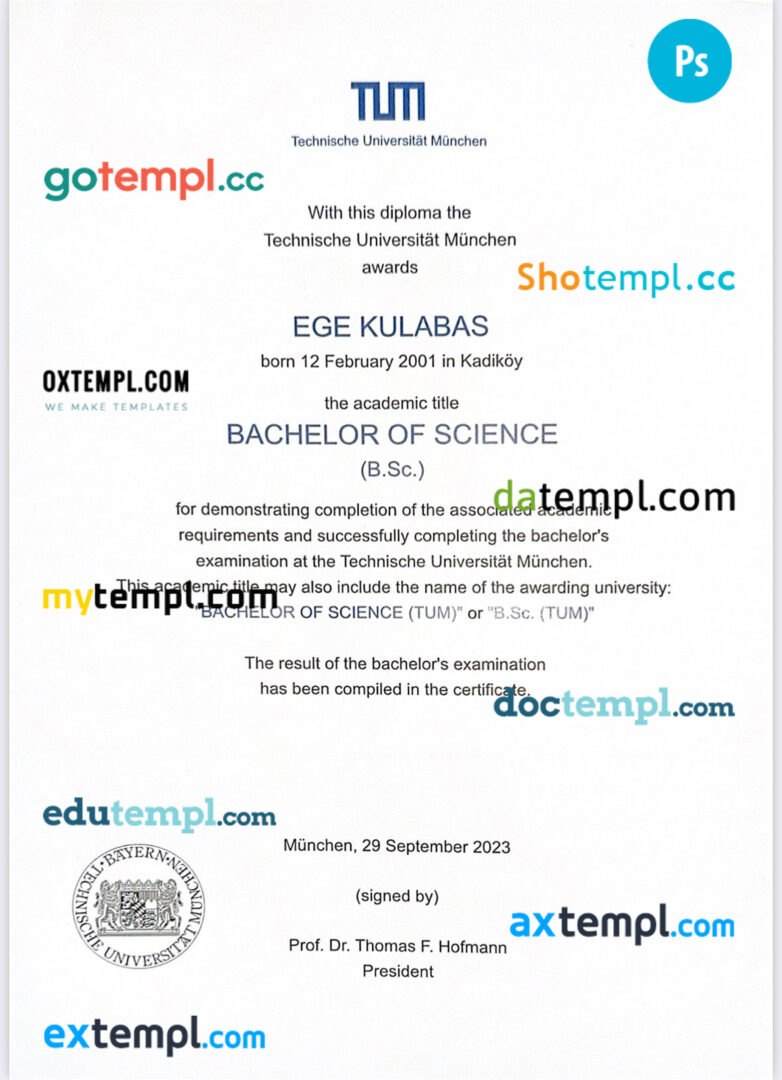 Germany Technical University of Munich certificate template in PSD format