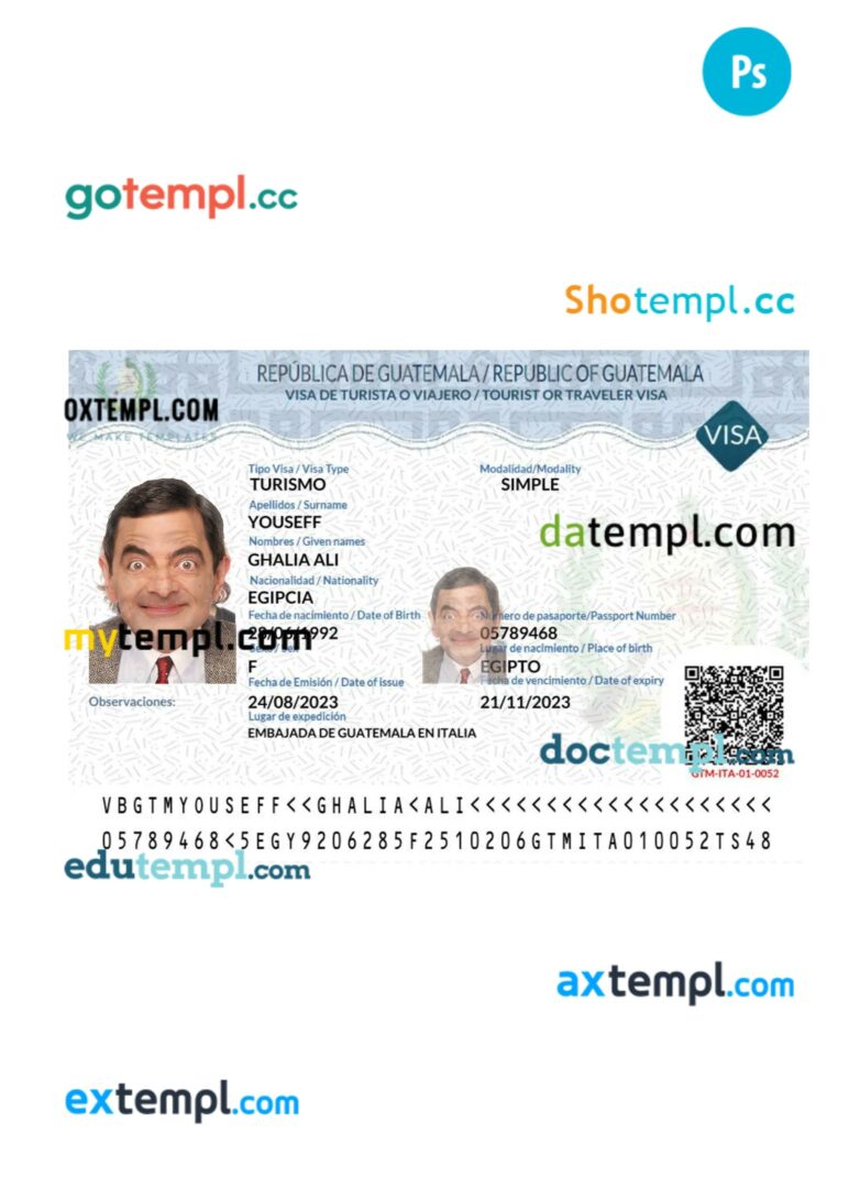 Guatemala tourist or traveler visa template in PSD format