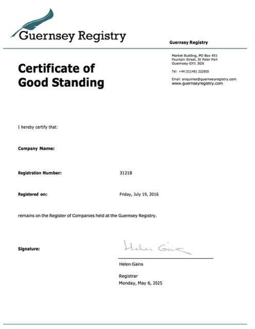 Guernsey certificate of good standing Word and PDF template