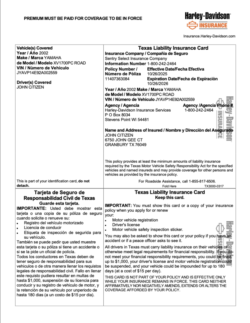 Harley Davidson Insurance Texas Liability insurance card Word and PDF template