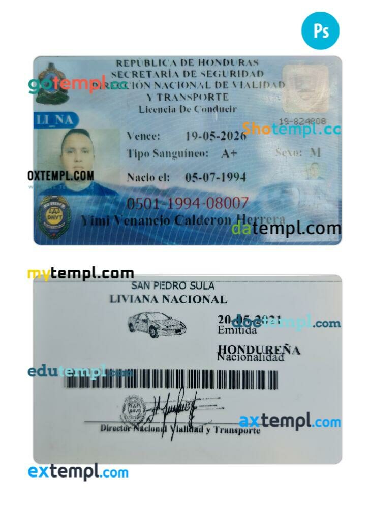 Honduras driving license PSD editable template