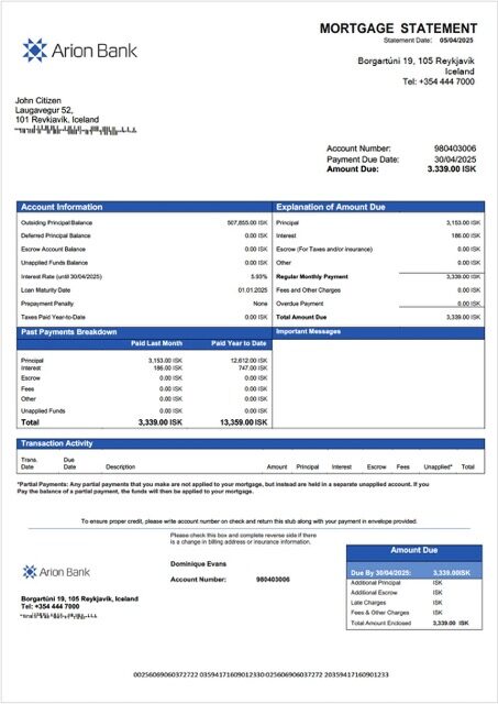 Iceland Arion Bank mortgage statement Word and PDF template