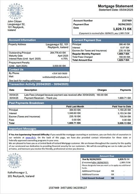 Iceland Central Bank of Iceland mortgage statement Word and PDF template