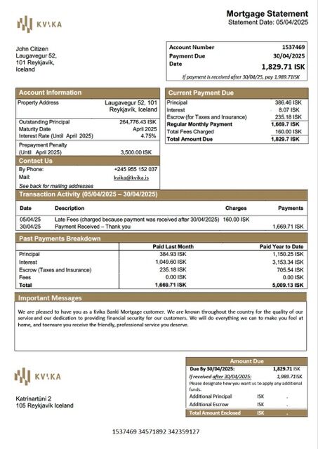 Iceland Kvika Banki mortgage statement Word and PDF template