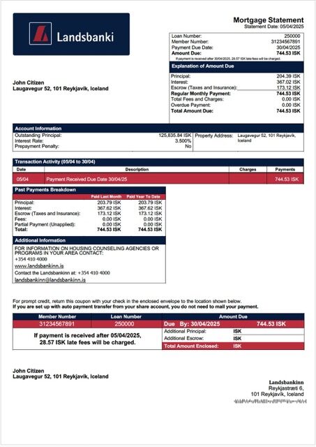 Iceland Landsbankinn mortgage statement Word and PDF template