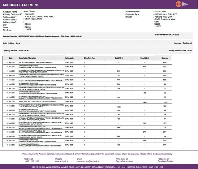 India AU Small Finance Bank account statement Word and PDF template