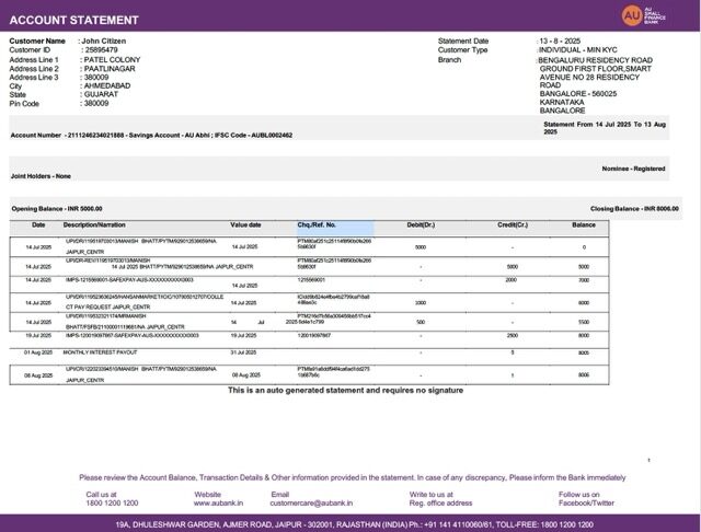 India AU Small Finance Bank account statement Word and PDF template, version 2