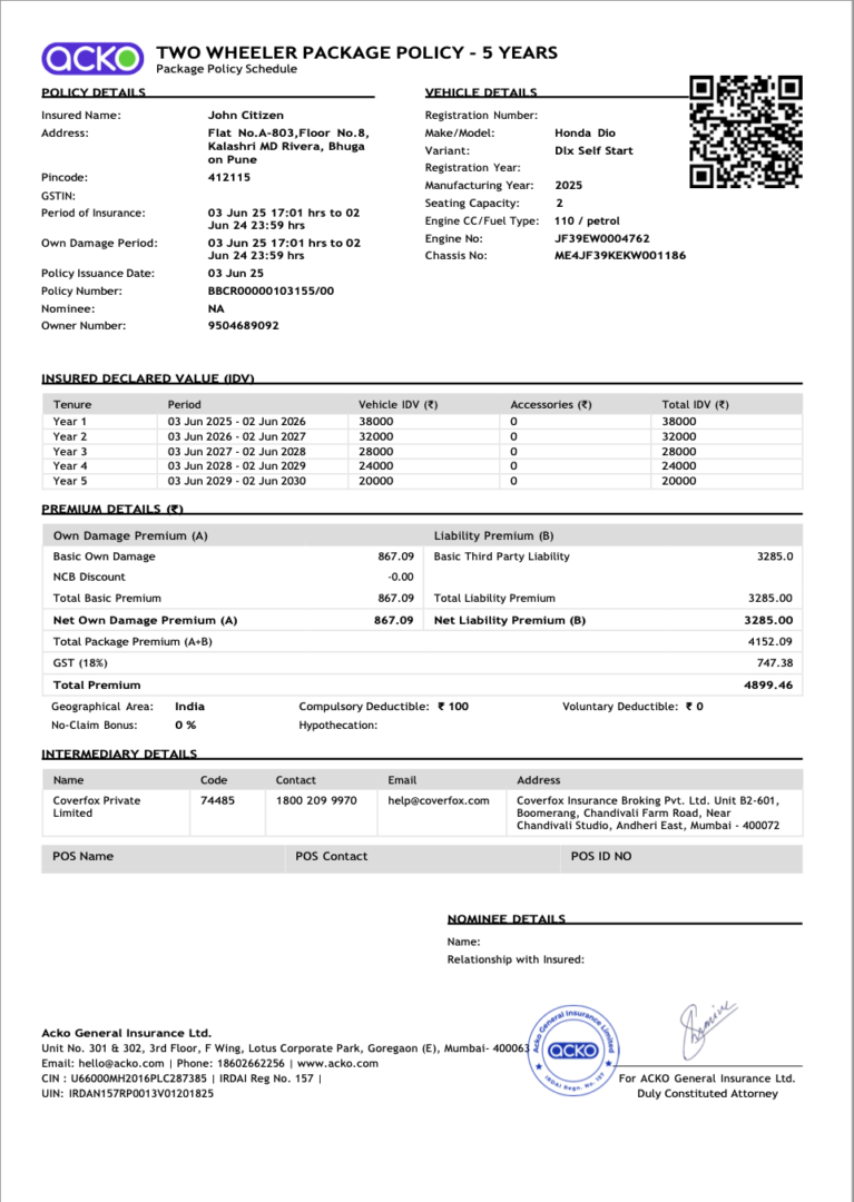 India Acko General Insurance two wheeler package policy Word and PDF template