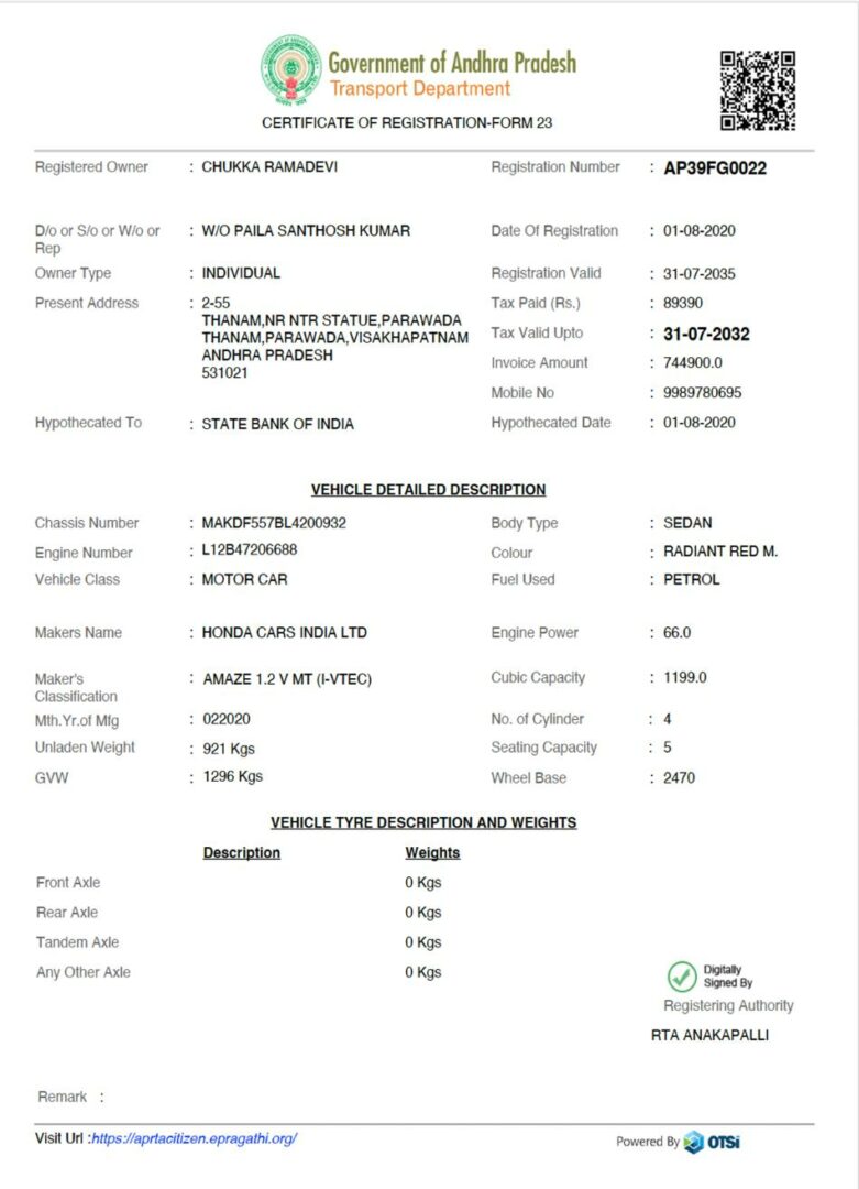India Andhra Pradesh state vehicle registration certificate in PSD format