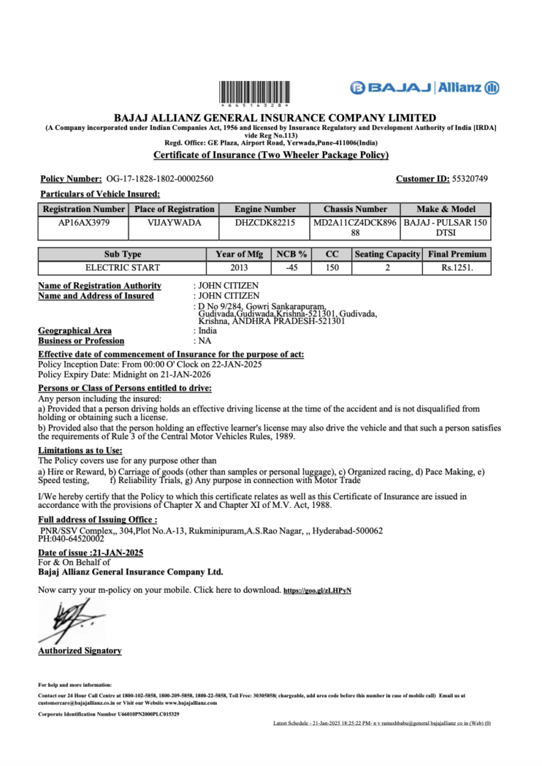 India Bajaj Allianz General Insurance certificate of insurance Word and PDF template 