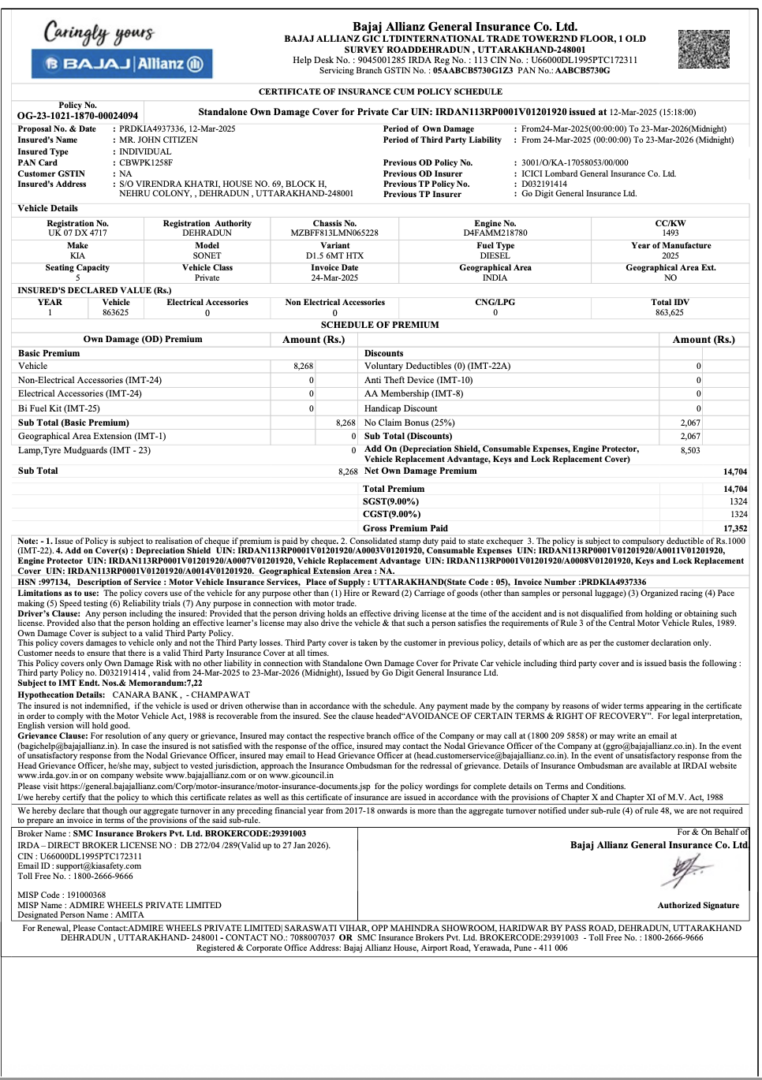 India Bajaj Allianz General Insurance certificate of insurance cum policy schedule Word and PDF template