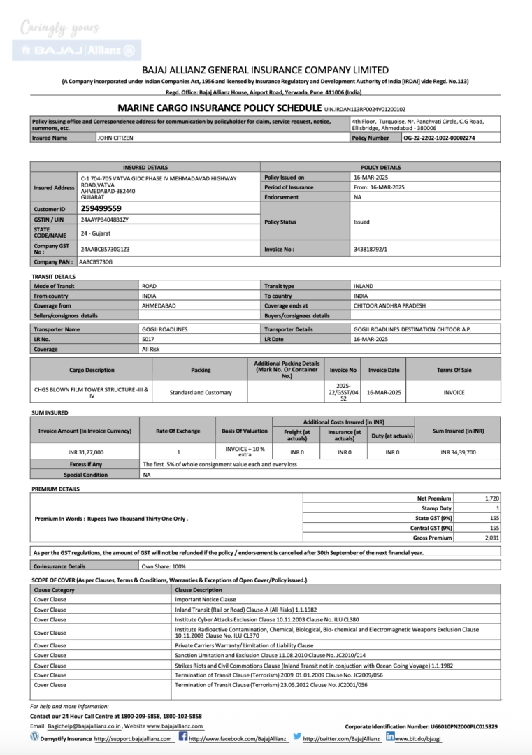 India Bajaj Allianz General Insurance marine cargo insurance policy schedule Word and PDF template