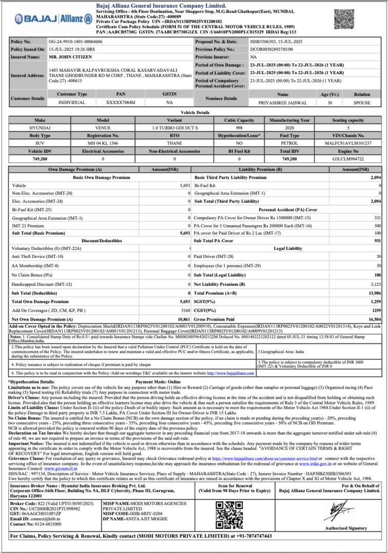 India Bajaj Allianz General Insurance private car package policy Word and PDF template