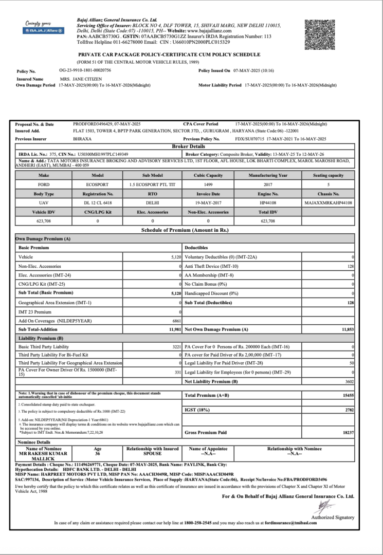 India Bajaj Allianz General Insurance private car package policy-certificate Word and PDF template