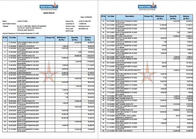 India Bank of India account statement Word and PDF template, 2 pages