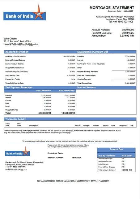 India Bank of India mortgage statement Word and PDF template