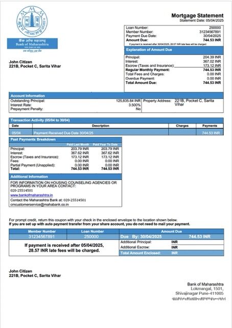 India Bank of Maharashtra mortgage statement Word and PDF template