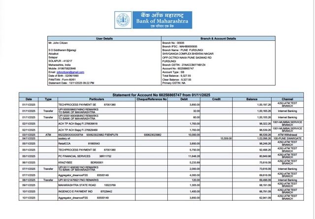 India Bank of Maharashtra statement for account Word and PDF template
