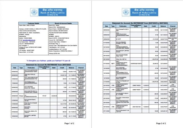 India Bank of Maharashtra statement of account Word and PDF template, 2 pages