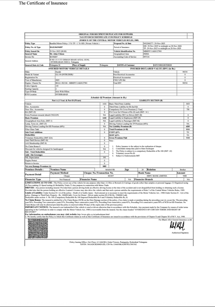 India Bharti AXA General Insurance certificate cum policy schedule Word and PDF template