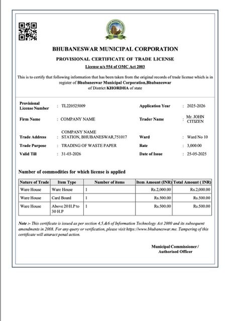 India Bhubaneswar provisional certificate of trade license Word and PDF template
