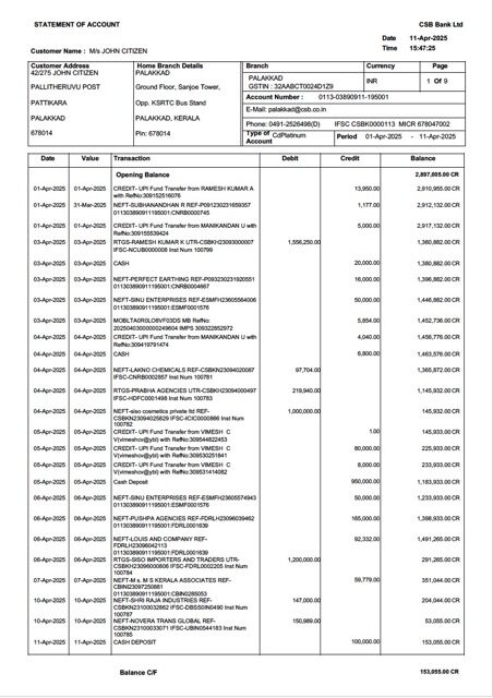 India CSB Bank statement of account Word and PDF template