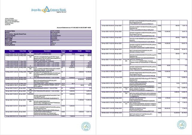India Canara Bank account statement Word and PDF template, 2 pages
