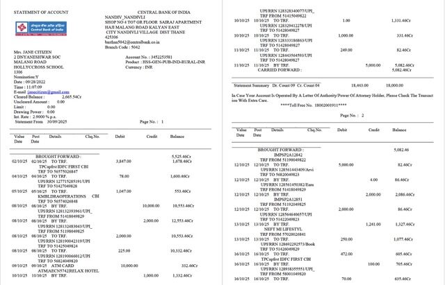 India Central Bank of India statement of account Word and PDF template, 2 pages
