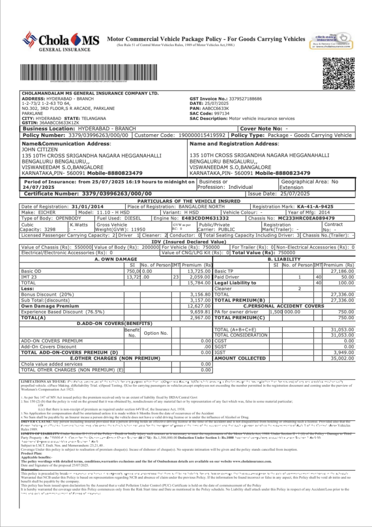 India Cholamandalam Ms General Insurance Company motor commercial vehicle package policy Word and PDF template