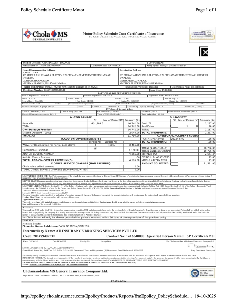 India Cholamandalam Ms General Insurance Company motor policy schedule cum certificate of insurance Word and PDF template, version 2