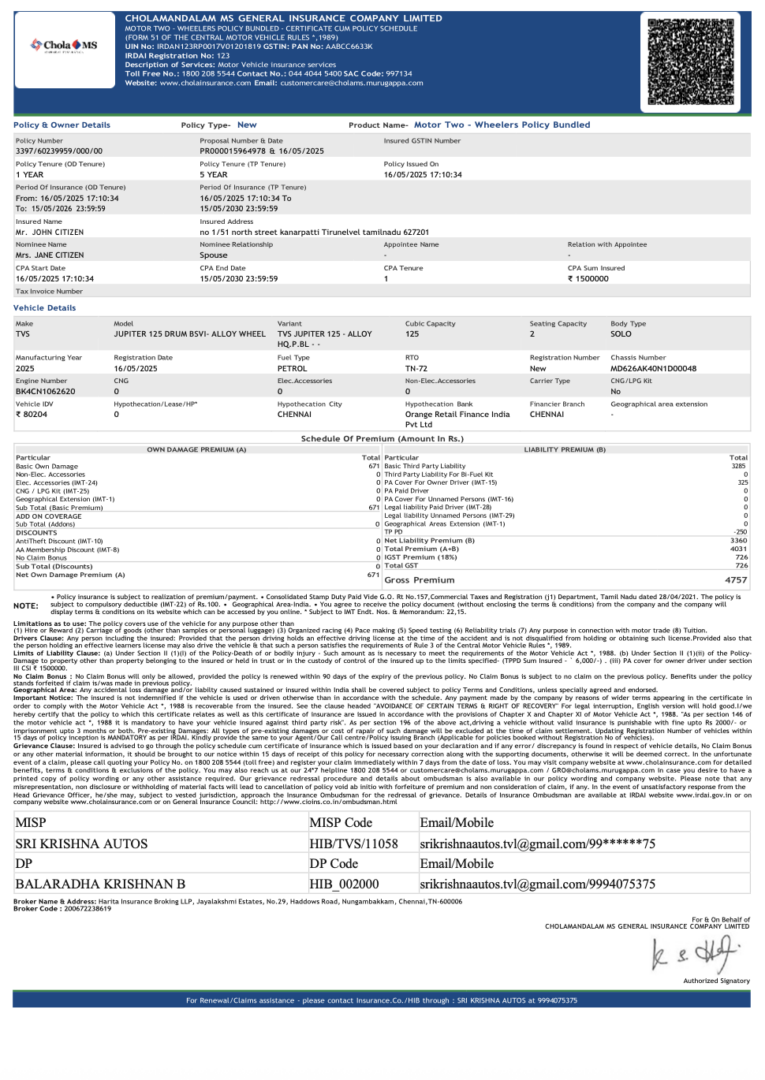 India Cholamandalam Ms General Insurance Company certificate cum policy schedule Word and PDF template