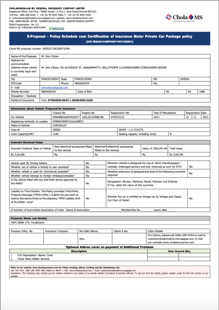 India Cholamandalam Ms General Insurance Company policy schedule cum certification of insurance motor private car package policy Word and PDF template