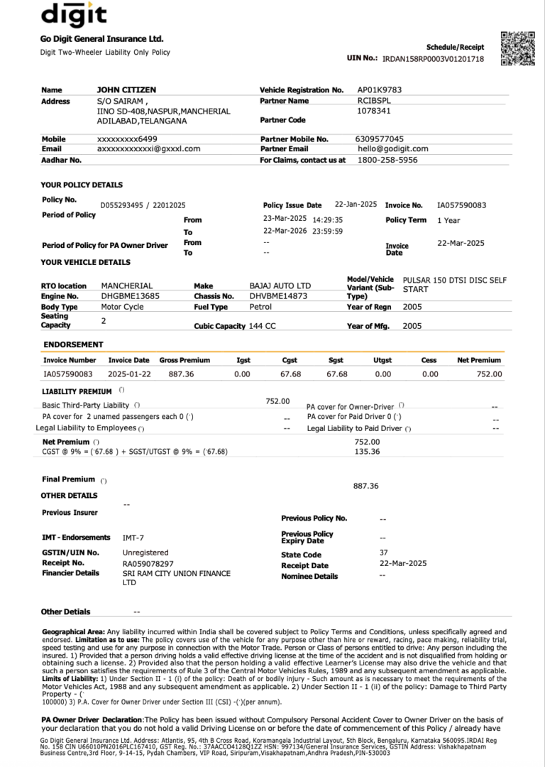 India Digit General Insurance schedule Word and PDF template