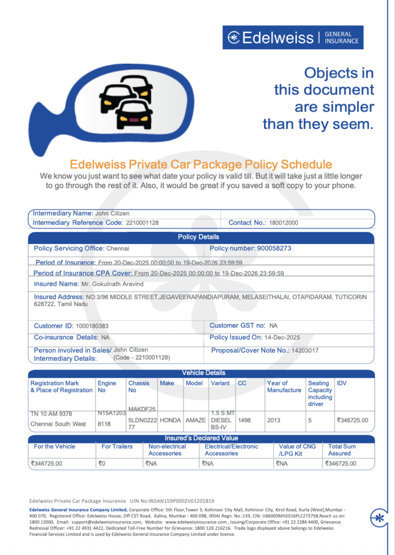 India Edelweiss General Insurance private car package policy schedule Word and PDF template