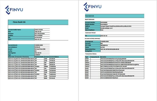 India Finvu Bank Ltd. account statement Word and PDF template, 2 pages