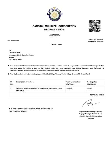 India Gangtok trade license Word and PDF template