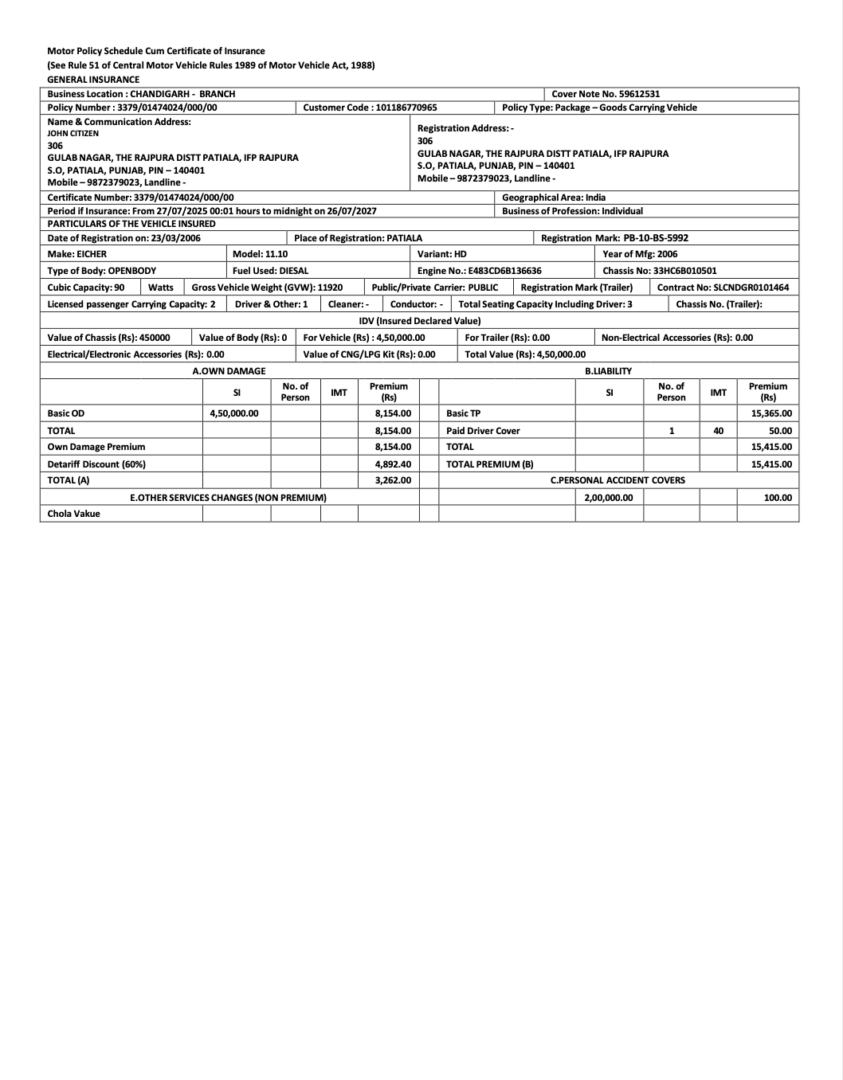 India General Insurance motor policy schedule cum certificate of insurance Word and PDF template