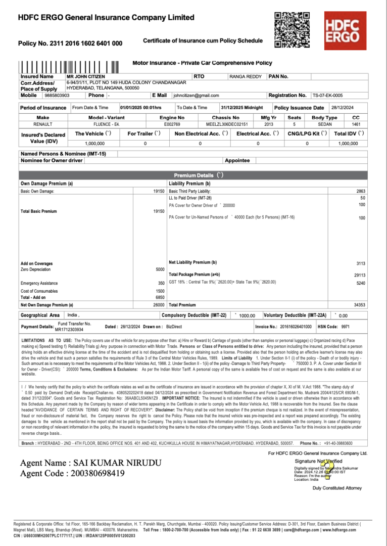 India HDFC ERGO General Insurance Company certificate of insurance cum policy schedule Word and PDF template