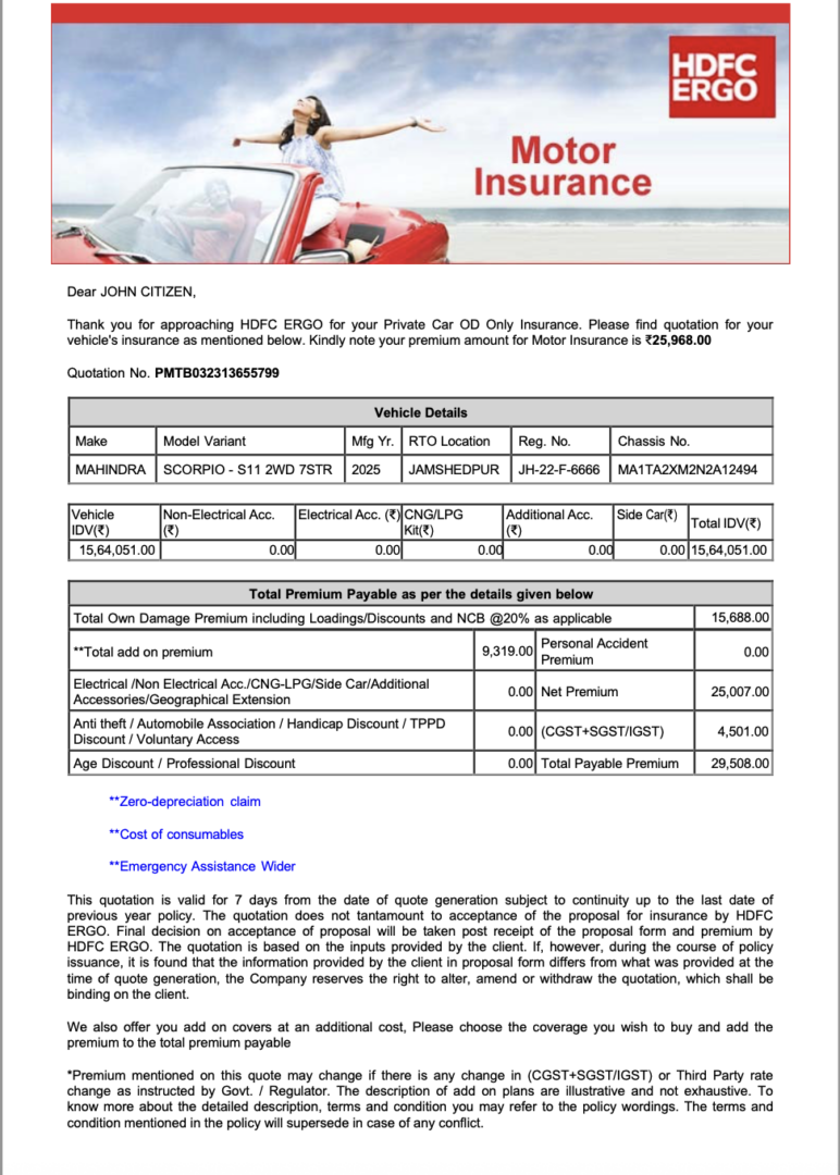 India HDFC ERGO General Insurance motor insurance Word and PDF template